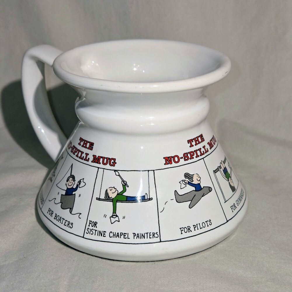 The No Spill Coffee Mug 12oz Ceramic ￼Vintage Cartoon Astronaut Race Car Gymnast